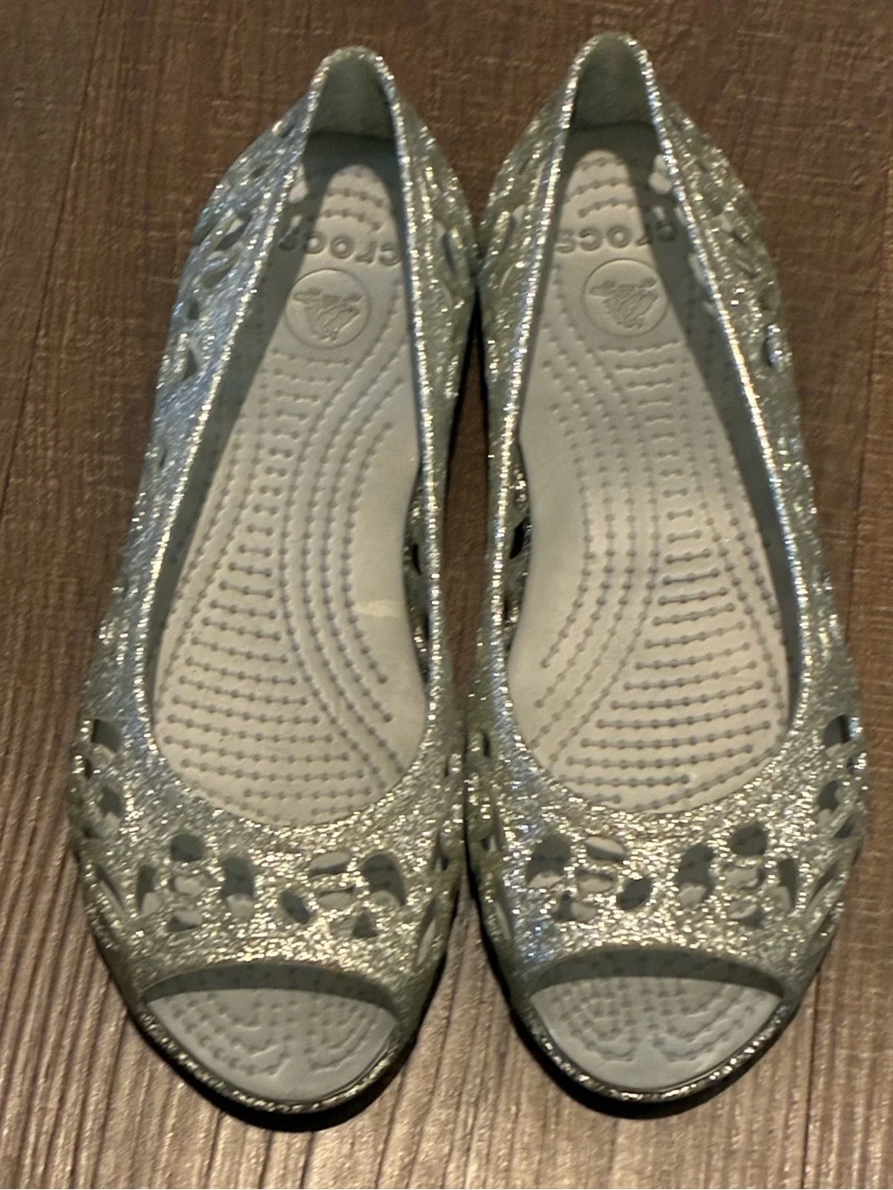 CROCS Girls Silver Glitter Peep-Toe Flats